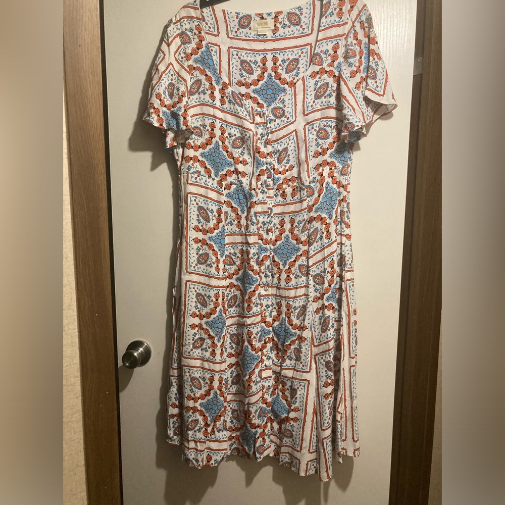 Maeve White Dress with Orange and Blue Tile Print